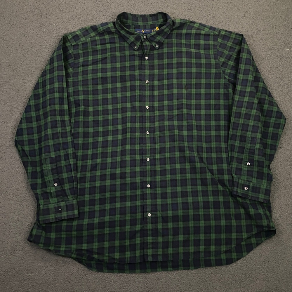 Ralph Lauren Shirt Mens 3XB Big & Tall Blue Green Tartan Plaid Button Down Pony